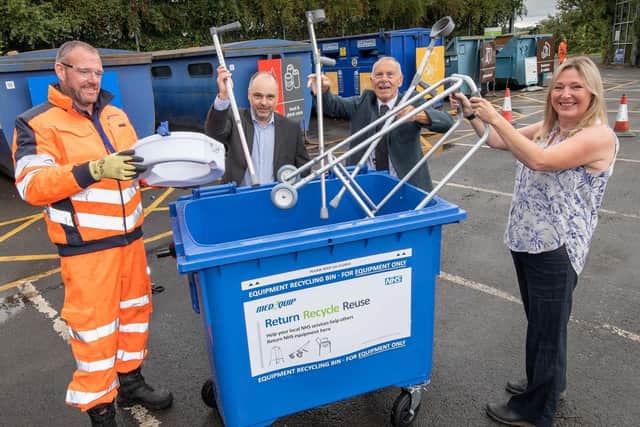 From left: Steven Midgley from Yorwaste, Darren Clark, operations manager at Medequip, Cllr Derek Bastiman and Jenny Lowes, service improvement officer at North Yorkshire
County Council, recycling unwanted medical equipment in one of the new bins.