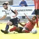 Alex Purver, in action for Guiseley v Nuneaton Town in 2018, has signed for Scarborough Athletic.