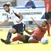 Alex Purver, in action for Guiseley v Nuneaton Town in 2018, has signed for Scarborough Athletic.