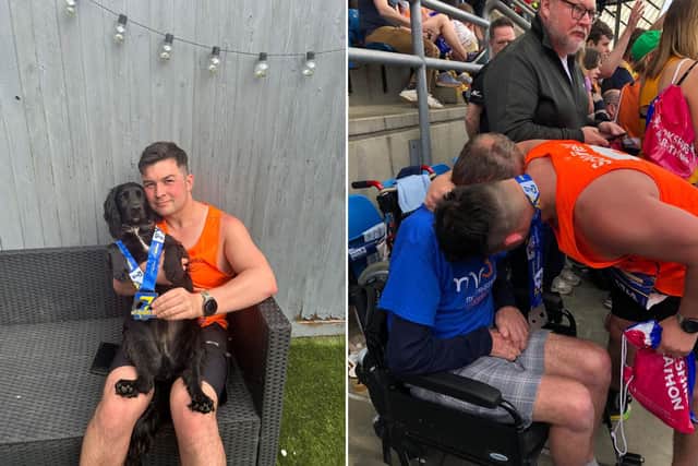 Harry Schofield and dog Fosse (left); Harry after the Leeds Marathon with family friend John Hunter, who has MND.