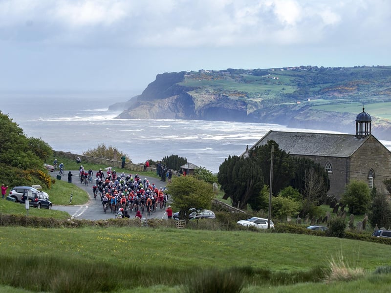 The peloton on Cote de Hook House Farm, Robin Hoods Bay, during the Tour de Yorkshire Stage 3 from Bridlington to Scarborough.
Picture: Bruce Rollinson.