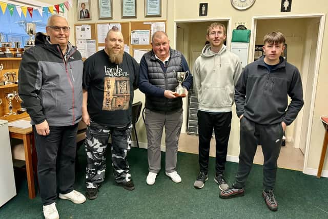 From left, Barry FitzPatrick Doubles runners-up Steve Lonnia and David Knights, from Sheffield, Whitby's Geoff Watson, and winners Darryl Harrap and Josh Thomas, from Castleford.