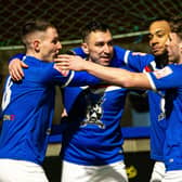Nathan Thomas celebrates putting Whitby Town 1-0 ahead against Lancaster City on Tuesday night. PHOTOS BY BRIAN MURFIELD