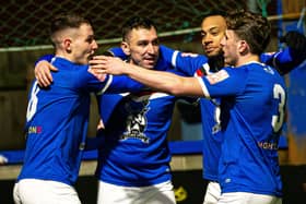 Nathan Thomas celebrates putting Whitby Town 1-0 ahead against Lancaster City on Tuesday night. PHOTOS BY BRIAN MURFIELD