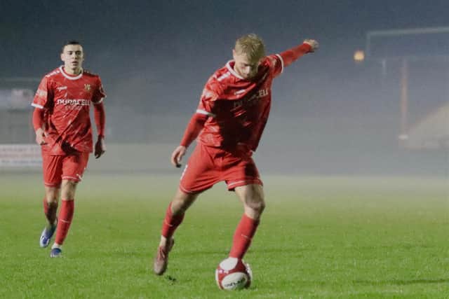 Sam kay in action as Bridlington Town battled back for a 4-2 home win against Bishop Auckland. photo by TCF Photography