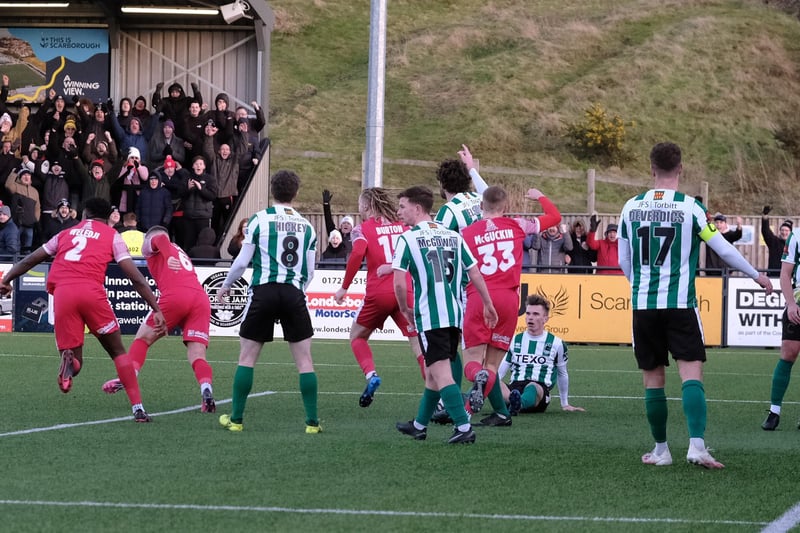 The home fans and Boro's players celebrate their first equaliser against Blyth Spartans