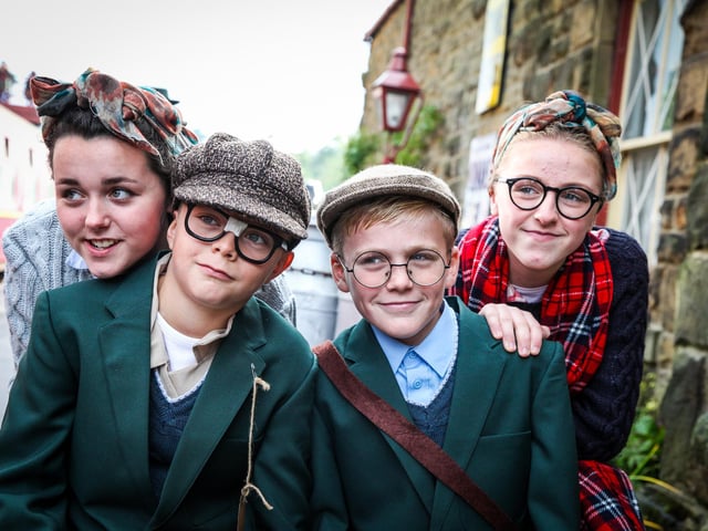 Youngsters at Goathland Station dress in 1940s style for the Railway in Wartime event (2016).