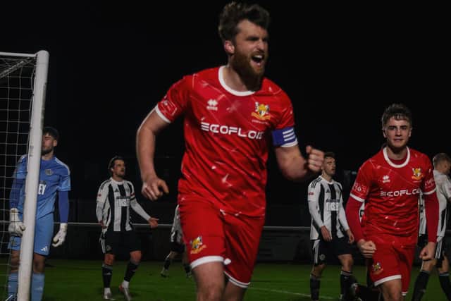 Brid Town skipper Tom Allan, pictured earlier this season, levelled for the Seasiders at Grimsby on Wednesday evening. Photo by Ewan Cameron