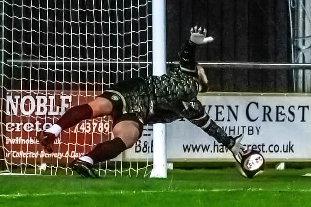 Shane Bland is beaten by the free-kick to make it 3-2 to Liversedge