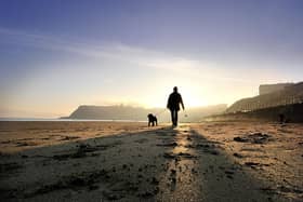 A lone dog walker on Scarborough's North Bay Beach  as the mist clears over the Castle. 
picture: Richard Ponter 170406