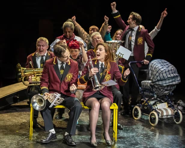Barney Taylor and Hannah Woodward,  Matt Ian Kelly, Joanna Holden, Greg Patmore, Maxine Finch, Joey Hickman and Andrew Turner in Brassed Off