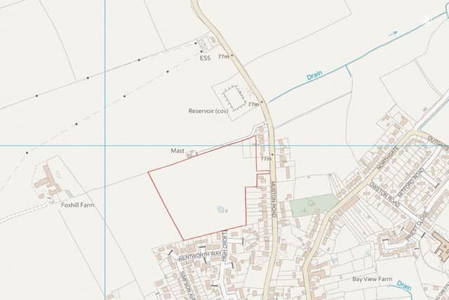 The location (hatched in red) of Banks Property's proposed Milk Field residential development in Hunmanby