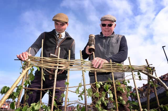 The traditional Penny Hedge building takes place in Whitby ...Chris Ford and Lol Hodgson working on the hedge