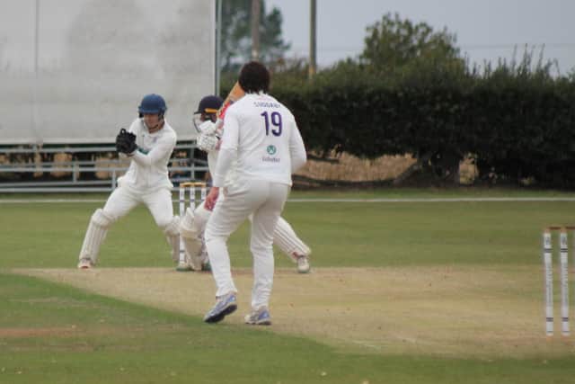 Joe Hall snaffles a smart catch off the bowling of Chris Suddaby in Woodhouse Grange's win over Beverley. Photo by Phil Gilbank