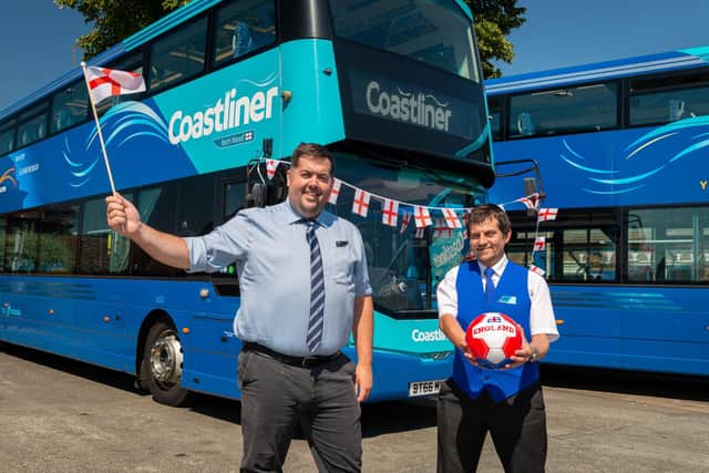 Coastliner General Manager Kel Pizzuti (left) and driver Adam Needham with a specially named bus in honour of Whitby-born England European Championship winner Beth Mead.