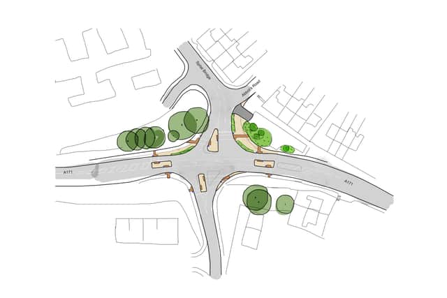 A plan illustrating a proposal to introduce new traffic signals at the Spital Bridge, Larpool Lane and A171 junction.
