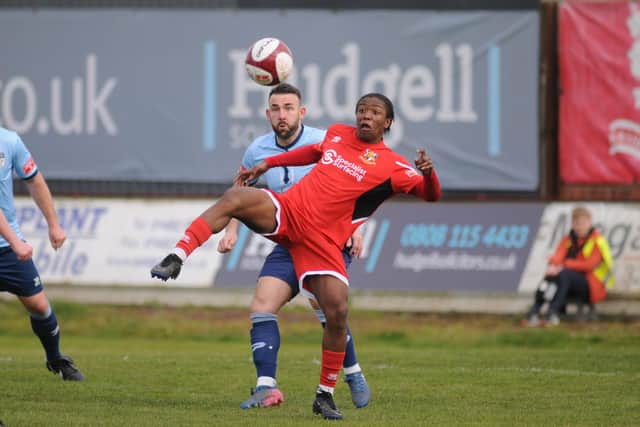 Glen Sani in action for Brid Town during their final home league game of the season, a 2-1 loss to Ossett United. PHOTOS: DOM TAYLOR