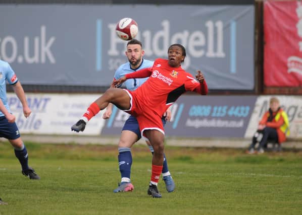 Glen Sani in action for Brid Town during their final home league game of the season, a 2-1 loss to Ossett United. PHOTOS: DOM TAYLOR