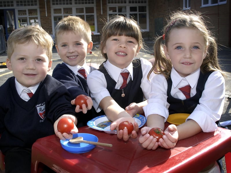 2007. New starters at East Ayton Primary School with their healthy tomato snacks, Jack Gomersall(L), Owen Hobkinson, Erin Nicholson, and Mary Farrell.
