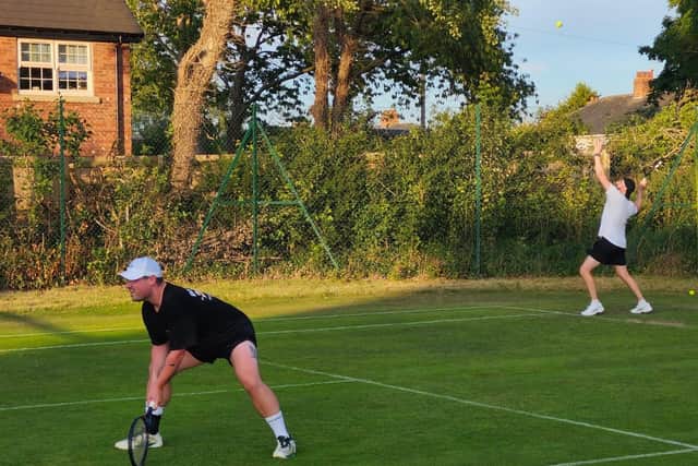 Alex Wray serves for Scalby Tennis Club Men’s A v Market Weighton A.