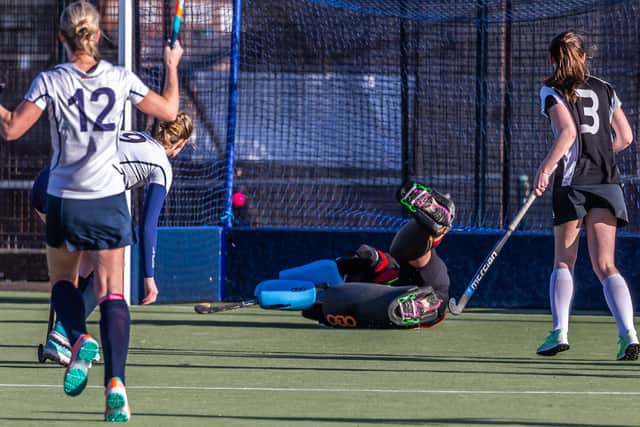 Dani Halley (in front of number 12) scores the winner to make it 2-1 to Whitby against Newcastle PHOTOS BY BRIAN MURFIELD