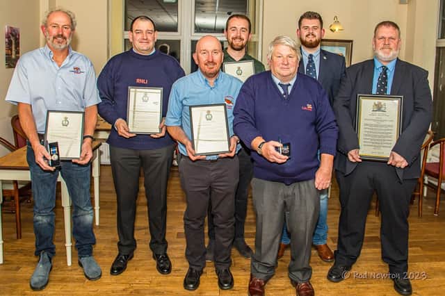 The Flamborough RNLI crew members with their well deserved awards. Photo courtesy of Rod Newton/RNLI.
