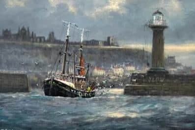 One of Jack Rigg's paintings, of a fishing boat leaving Whitby.