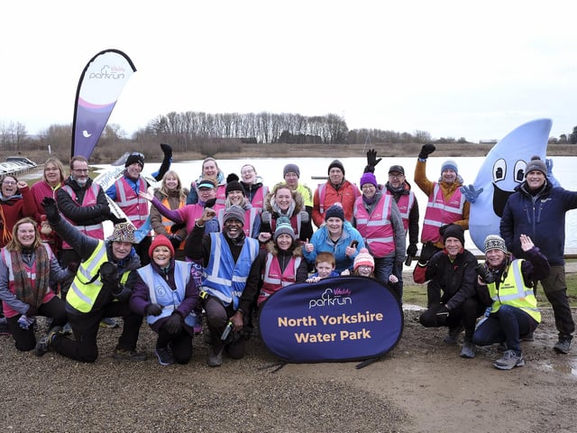 The organisers and supporters cheer the first anniversary of the North Yorkshire Water Park Parkrun