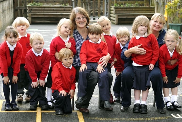 Hackness School new starters - Staff Eileen Owenson and Eden Coombs with the children
