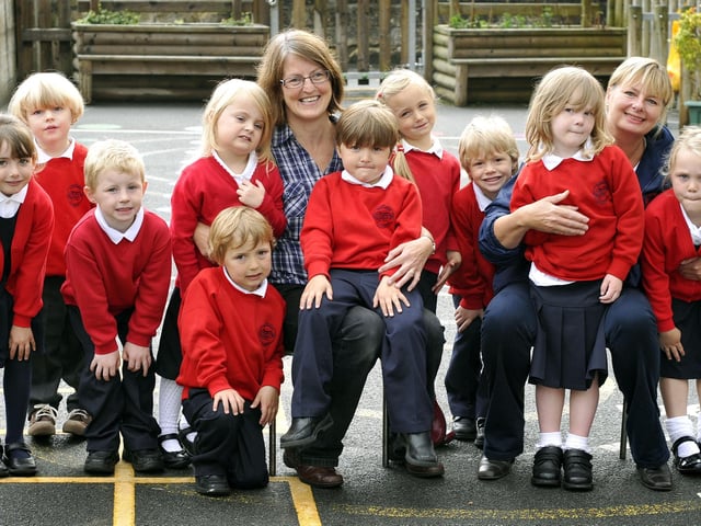 Hackness School new starters - Staff Eileen Owenson and Eden Coombs with the children