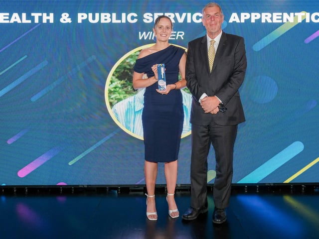 Health and Public Services Apprentice of the Year Award winner Sarah Reeder, of Rotherham, Doncaster and South Humber NHS Foundation Trust, presented with her award by Councillor Dave Tucker, of East Riding Council