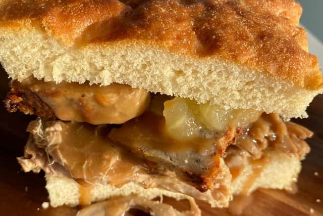 The Traditional Pork from The Corner Kitchen - slow cooked pork shoulder with freshly baked artisan bread.