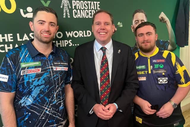Charlie Dewhirst MP (centre) with darts stars Luke Humphries (left) and Luke Littler. Photo submitted
