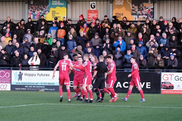 The Boro players and fans celebrate Bailey Gooda's leveller.