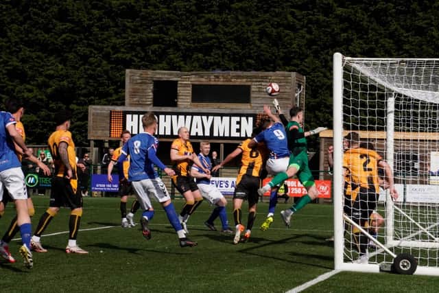 Whitby Town put pressure on the Morpeth defence. Photo by Owen Cox
