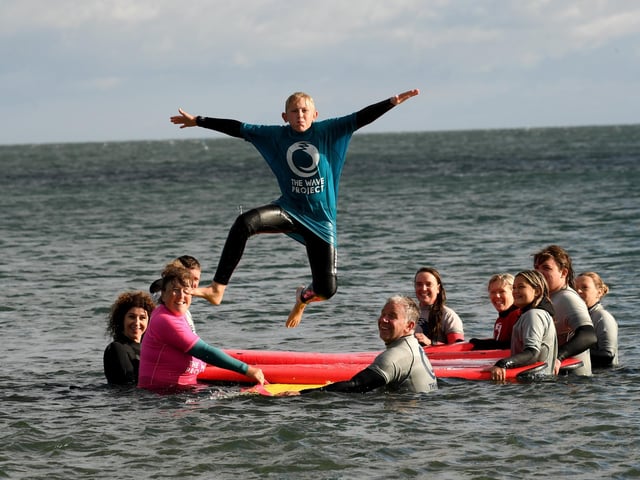Josh Hemingway, from Filey, jumps for joy at the event.