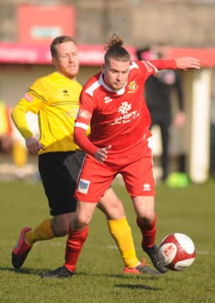 Matt Broadley in action for Bridlington Town during the 1-1 home draw against Shildon. PHOTOS BY DOM TAYLOR