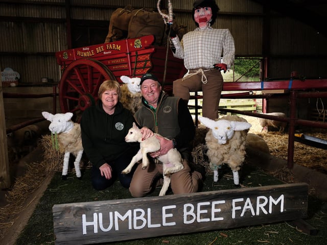 Julia Warters and Farmer Percy Warters with one of the lambs.
