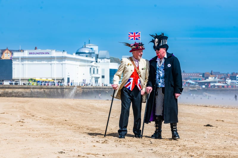 The annual Bridlington Steampunk Weekend is being held at the Royal Hall Bridlington Spa on Saturday, May 6 and Sunday, May 7, 2023.  Pictured On the Bridlington beach Michael Crane and John Legallou, members of the Lincoln SPAW Steampunk group. Picture By Yorkshire Post Photographer,  James Hardisty.