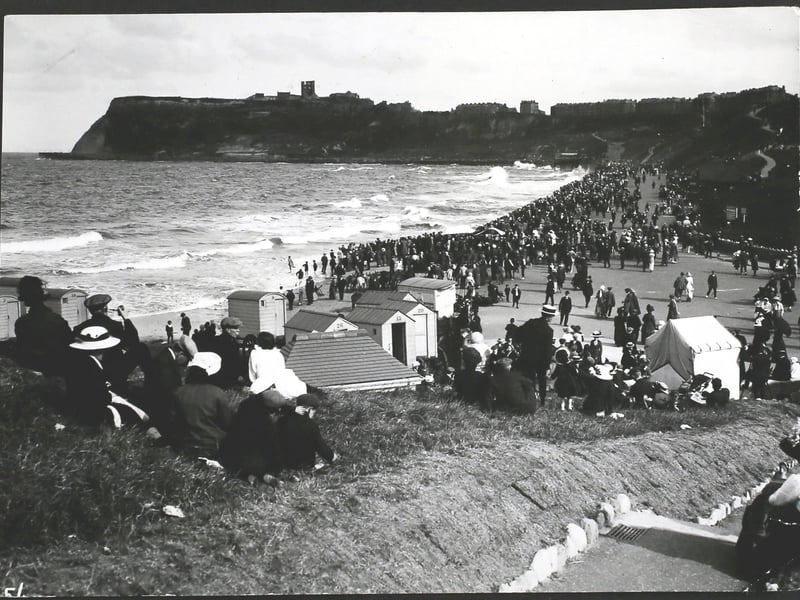 Circa 1913; Beach huts on the North Bay at Scarborough with the castle in the background. (Photo by Hulton Archive/Getty Images)