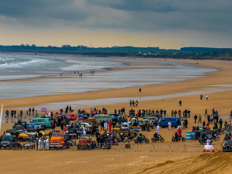 This years The Race the Waves Vintage Beach Race festival held on Bridlingon's south beach with over one hundred competitors taking part in the event from the early years of coastal motor racing to post-war American hot-rodders and drag racing culture. Picture By Yorkshire Post Photographer, James Hardisty. Date: 22nd April 2023.