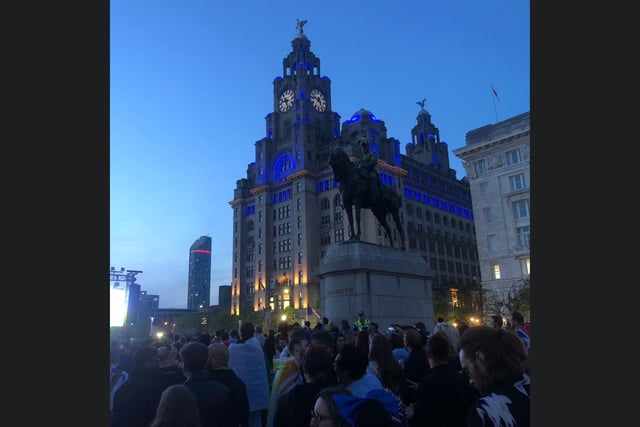 Crowds gathered in front of the Royal Liver Building