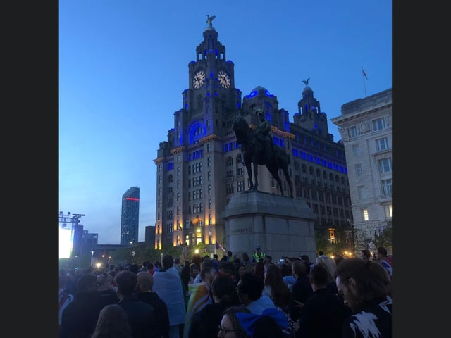 Crowds gathered in front of the Royal Liver Building
