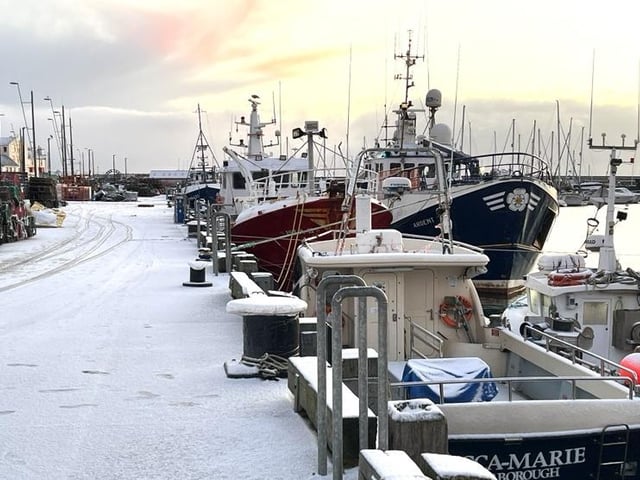 Snowy harbour scene.