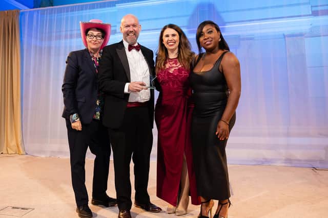 From left: Small Awards host Sue Perkins, Hetty & Betty's David Kirtlan and Lois Kirtlan, and judge Marsha Powell from BelEve UK.
