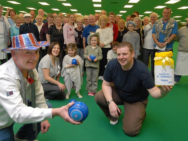 Saint Catherine's Hospice hosts a charity bowls match at Scarborough Indoor Bowls Centre, with Mike Preston and Paul Buchanan leading the group.