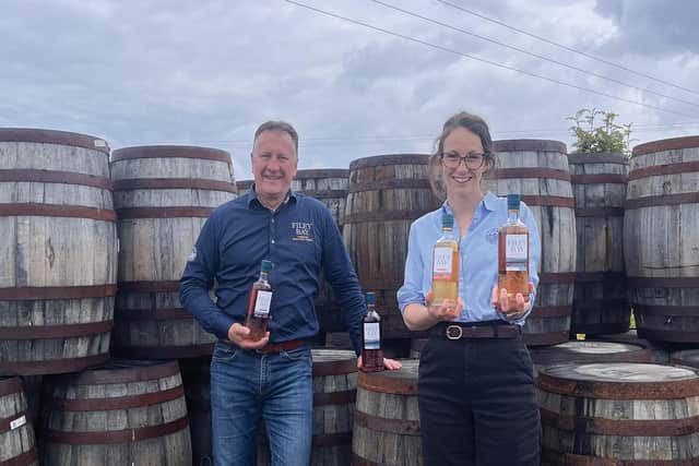 David Thompson and marketing director, Jenni Ashwood with a selection of the award winning Yorkshire whiskies