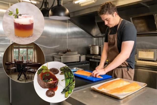 Tom Heywood main image (picture James Hardisty); insets: sloeberry sour, Pignut & The Hare interior and venison loin, images by Mollie Rose Photography.