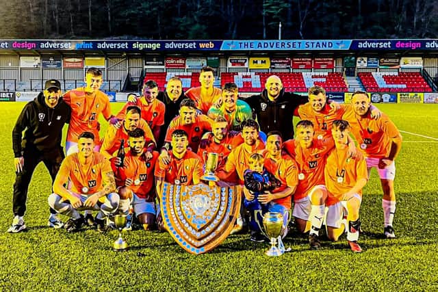 Edgehill show off their haul of trophies after winning the Harbour Cup final 6-3 against West Pier at the Flamingo Land Stadium.