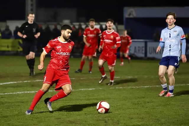 Ahmed Salam attempts to make a shot before it’s blocked by the Ossett defence as Bridlington Town slipped to a 1-0 loss on Tuesday night. Photo by TCF Photography